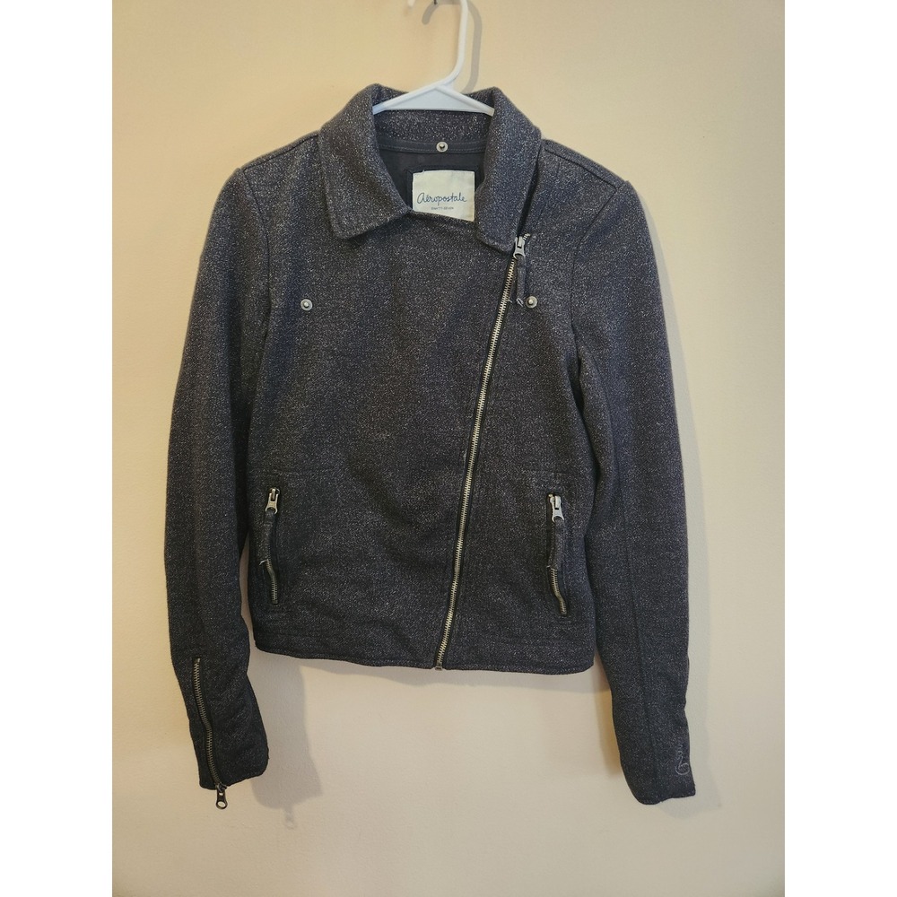 Aeropostale Womens Metallic Moto Jacket Charcoal Grey Shimmer Asymmetrical Zip S